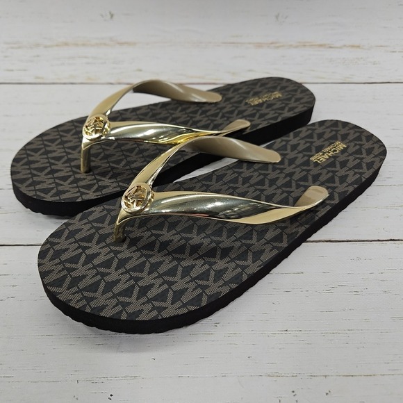 Michael Kors Jet Set Size 9 Brown Gold Flip Flop Thong Sandals‎ Logo - Picture 1 of 8